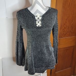 Womens August silk Black/silver sparkly Sweater Bell Sleeves Size Small
